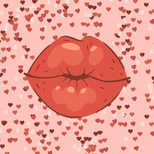 Lèvres baiser avec des cœurs sur fond bannière vectoriel dessin animé illustration. Belle rouge à lèvres ou rouge à lèvres mode et bouche sexy baisers belle sur l'affiche de la Saint-Valentin, carte de voeux . — Image vectorielle