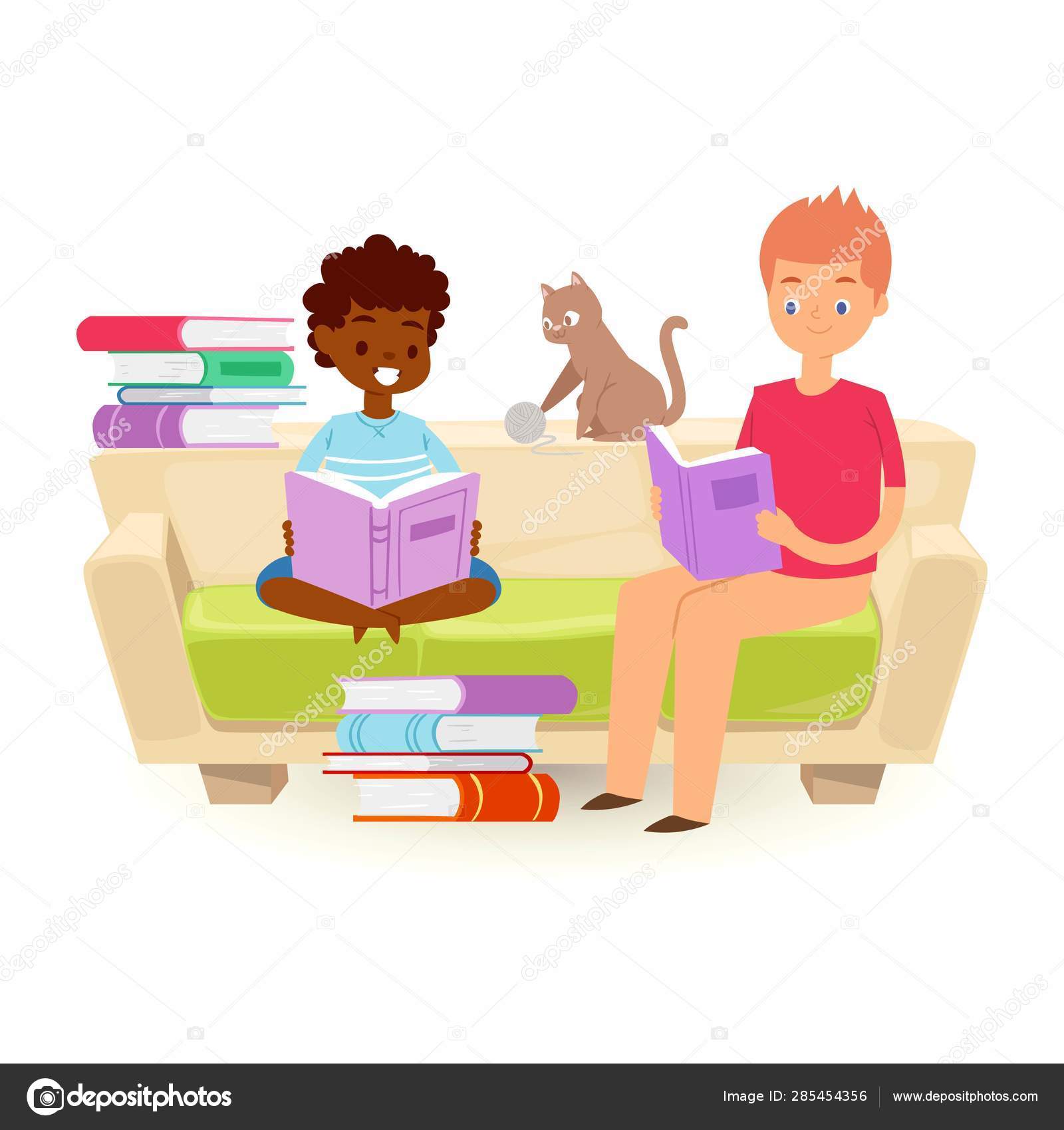 オープンブックを持つ小さな子供たちとベクトルイラストを読みます アフリカの少年と白人の十代の少年は 本と子猫と学習の山とソファに座って 文学を読むのが大好き ストックベクター C Vectorshow オープンブックを持つ小さな子供たちとベクトルイラストを読みます アフリカの少年と白人の十代の少年は 本と子猫と学習の山とソファに座って 文学を読むのが大好き ストックベクター C Vectorshow