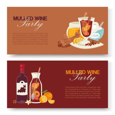 Mulled şarap kış içki vektör afiş. Şarap şişesi ile alkol içecek illüstrasyon, meyve, otlar, baharatlar ile cam. Noel'in tadı. Vintage mulled şarap partisi.