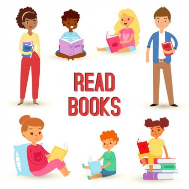 Çocuklar kitap okuma ve farklı milliyetten kız ve okuma seven mutlu erkek ve kız edebiyat vektör seti zevk. Kitap yığınları üzerinde okuyucu oturma ve döşeme.