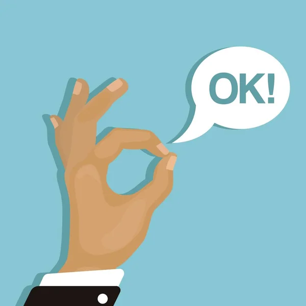 Ok-Zeichen. Hand der Cartoon-Figur mit okay Geste und Text Burst Box Vektor Illustration. Alles in Ordnung. blauer Hintergrund ja Plakat. — Stockvektor