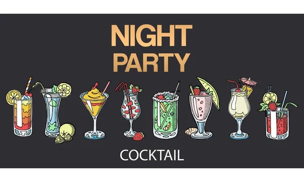 Vettore di cocktail alcolici isolato su sfondo nero. Cocktail pronti per la festa notturna. Bicchieri con bevande alcoliche, frutta, bacche e ombrelloni di carta. Grog, punch martini party . — Vettoriale Stock