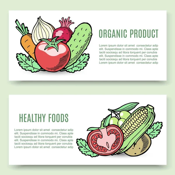 Zöldség bioélelmiszerek vektoros banner meg. Vega design kukoricával, paradicsommal, uborka és burgonya, sárgarépa. Az öko-tenyésztés vegetates piaci hirdetés. — Stock Vector