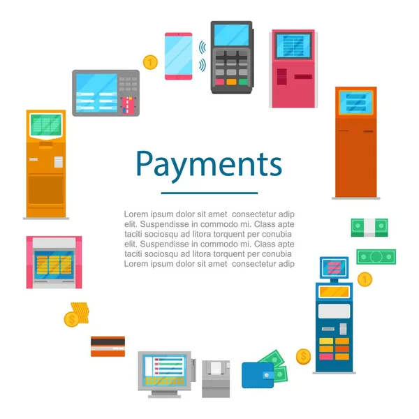 支付方式矢量化概念与数字货币，现金，银行系统nfc技术和支付终端。支付现金或信用卡方法. — 图库矢量图片
