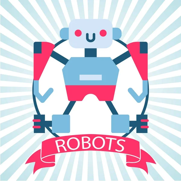Robot toy vector illustration with banner on retro blue stripped background. Chatbot icon. Customer robotics support service in vintage style — Stock Vector