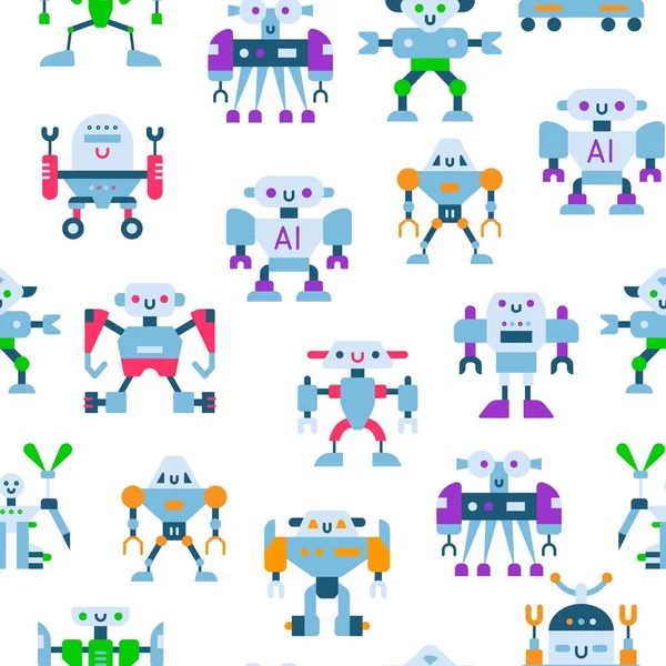 Lindos robots de juguete con antenas y cables patrón de vectores sin costura. Juguete para niños colorido y metal fondo robótico para niños. Concepto robototécnico . — Vector de stock