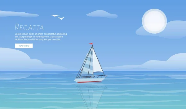 Yacht regatta on wave blue sea ocean vector template. Yachting summer vacation sport travel adventure background. Sailing boat regatta for sport recreation webpage concept