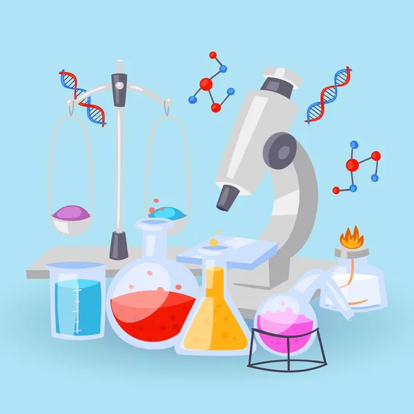 Equipo de química para experimentos. Viales, microscopio, tubos de ensayo con reactivos y fórmulas de ADN de fondo vectorial. Laboratorio químico escolar. Ilustración del concepto químico educativo . — Vector de stock