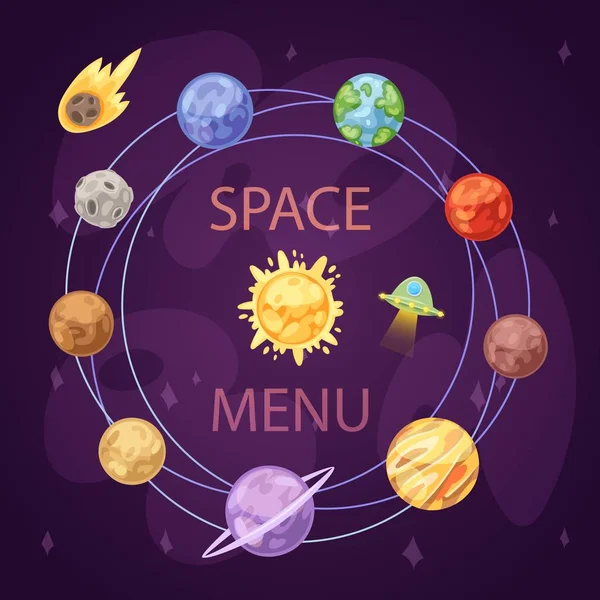 Sonnensystem mit Planeten, Raumschiff und Asteroidengürtel auf dunklem Hintergrund. Weltraum und planetarisches Sonnensystem erkunden Poster — Stockvektor