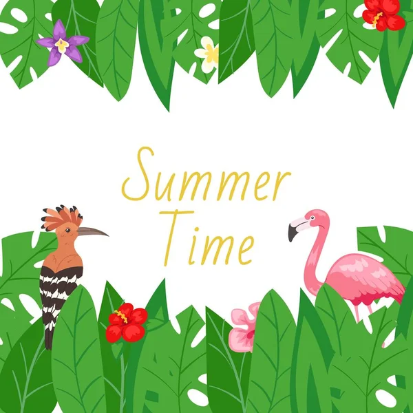 Sommer tropischen Dschungel Pflanzen, Blumen und Vögel Vektorposter. exotischer Hintergrund mit tropischen Monsterblättern. Flamingo und Wiedehopf sitzen in Palmblättern. — Stockvektor