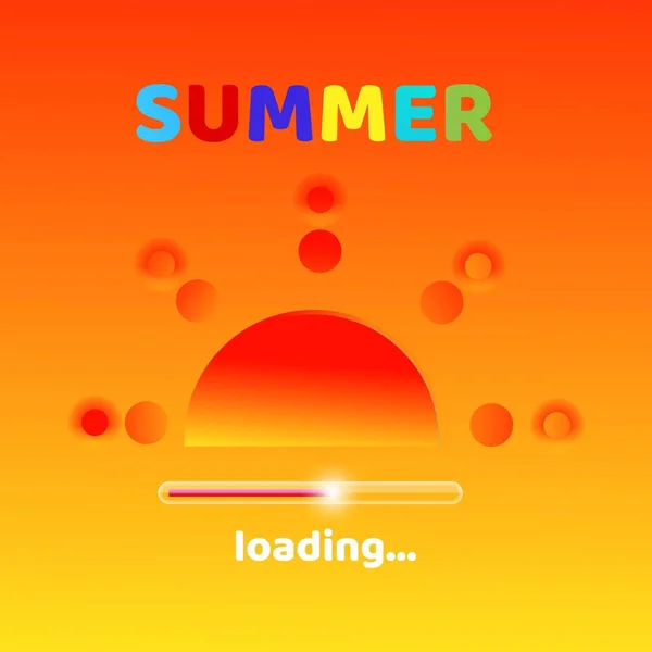 O verão está carregando uma mensagem gráfica criativa para o seu design de verão. Fundo laranja desfocado com tipografia colorida e pôr do sol vermelho . —  Vetores de Stock