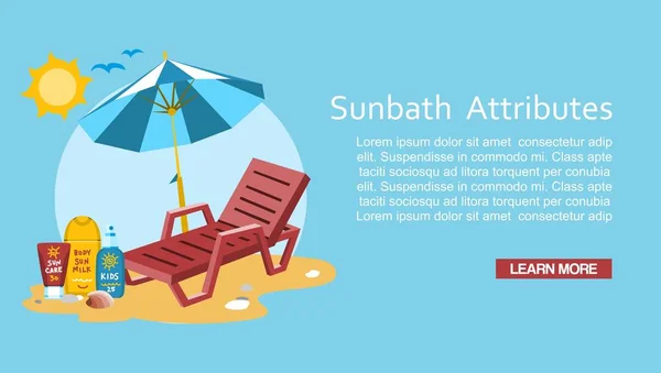 Bain de soleil vacances d'été vacances vecteur illustration. Conseils de sécurité solaire et remèdes contre les coups de soleil concept, lotion de protection solaire, chaise de bain de soleil et parasol dessin animé plat character design . — Image vectorielle