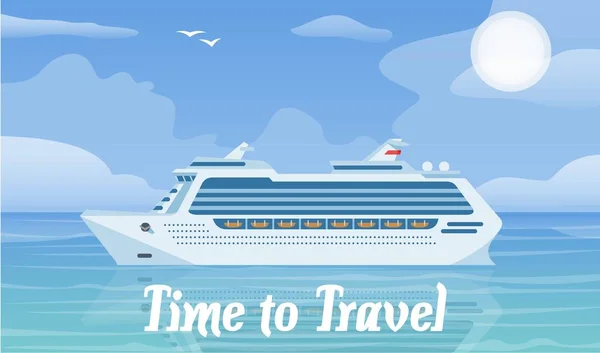 Kreuzfahrtschiff und Reisevektorillustration. Ozeandampfer in blauem Meer und Himmel mit Wolken. Zeit, auf Schiff und See zu reisen. — Stockvektor
