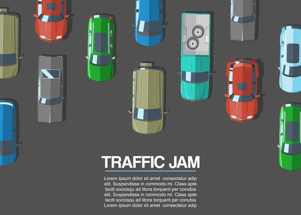 Közlekedési dugó és a városi közlekedés vektor illusztráció. Road felülről megtekintéséhez autópályák sok különböző autók és járművek. Városi infrastruktúra közlekedési dugóra. — Stock Vector