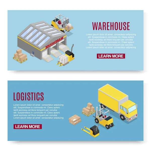 Ilustração do vetor isométrico do armazém com prateleiras de construção de armazenamento, carregador e caixas de transporte em fundo azul. Bandeiras de transporte de logística e armazenagem . —  Vetores de Stock