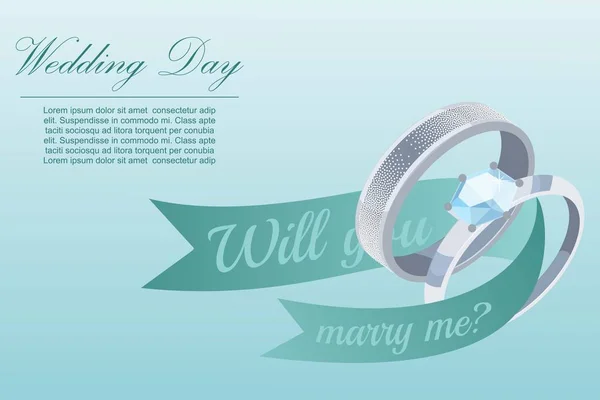 Vorschlag und Verlobung Silber Ring mit Diamant Juwel Vektor Illustration. Werden Sie heiraten mich Poster Vorlage mit blauem Hintergrund. Engagemet Ringe und blaue Bänder. — Stockvektor