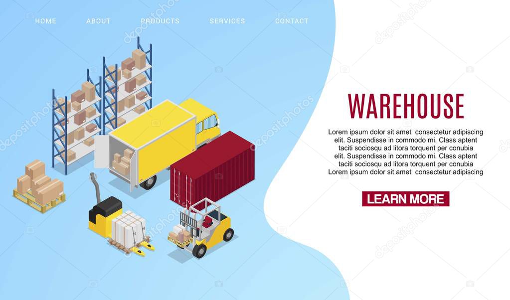Warehouse transportation isometric vector illustration. Storehouse and forklifts. Racks with boxes of ware and containers. Logistic process and transport, cargo. Industrial view.