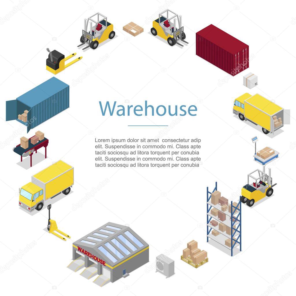 Warehouse, cargo transportation icons in circle vector poster. Warehouse shipping and delivery, transportation of goods, trucks, forklift with containers and delivery boxes.