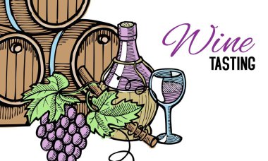 Şarap varil, el çizilmiş, etrafında üzüm Vines, şarap ve cam şişe, beyaz vektör çizim üzerinde izole. Şaraphane tatma daveti.