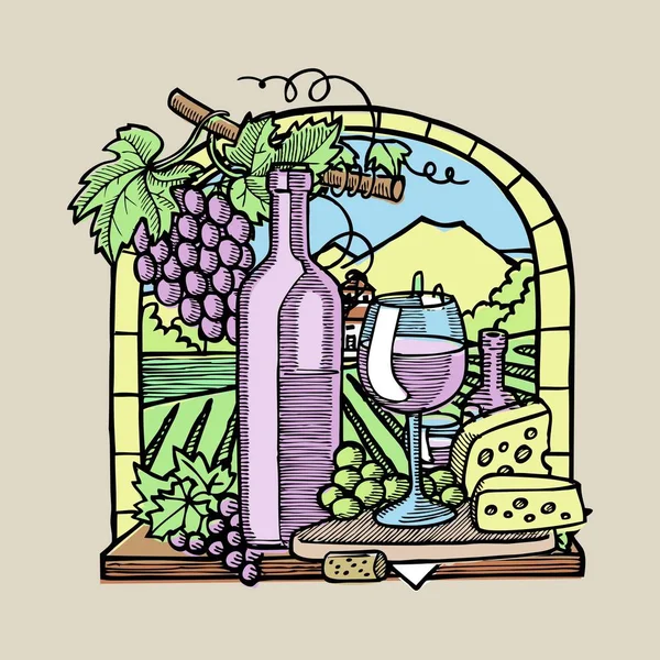 Üveg bor, két pohár, parmezán sajt, szőlő és levelek az ablak vázlat vektor illusztráció. Kézzel rajzolt gravírozás stílusa. Bannerek a bor szüreti háttér. — Stock Vector