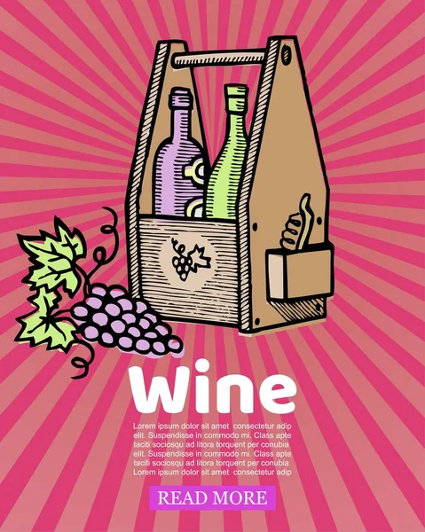 Üveg bort fa láda és Pincészet szőlő a retro megfosztott háttér vektor illusztráció. Doboz régi bor Vintage vázlat rajz — Stock Vector