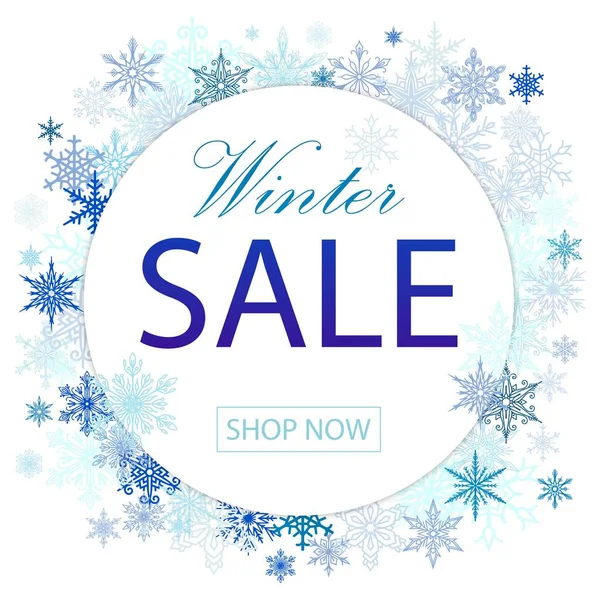 Venta de invierno vector ilustración cartel diseño con elementos azules copos de nieve y texto de venta de invierno en fondo patrón de nieve para la promoción de compras . — Vector de stock