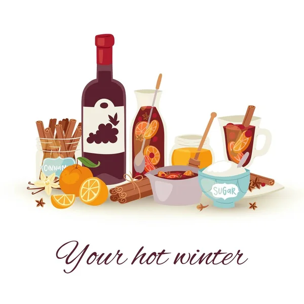 Зима и векторная иллюстрация горячих напитков на Рождество. Коктейль Mulledwine со специями аниса, цитрусовых и корицы зимних праздников напиток. Стакан и бутылка ликёроводочного вина . — стоковый вектор