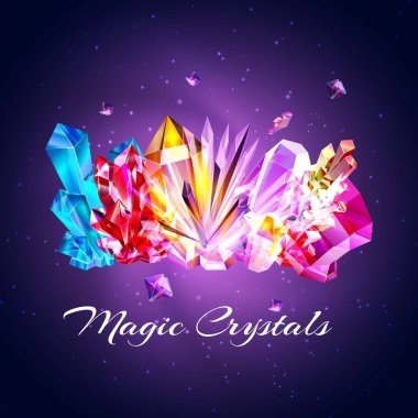 Renkli kristaller ve taşlar vektör illüstrasyon. Koyu mavi arka planda farklı biçimlerde Sihirli kristaller. Pembe, sarı ve kırmızı renkteki parlak parlayan mücevherler.