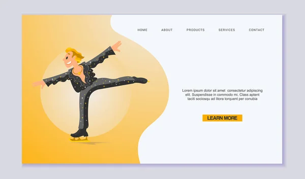 Figura Scating modelo web vetor. Espécie olímpica de eventos de patins. Jogos de esportes de inverno para web, landing pages e internet. Jovem patinador proffecional em traje de stary preto no gelo — Vetor de Stock