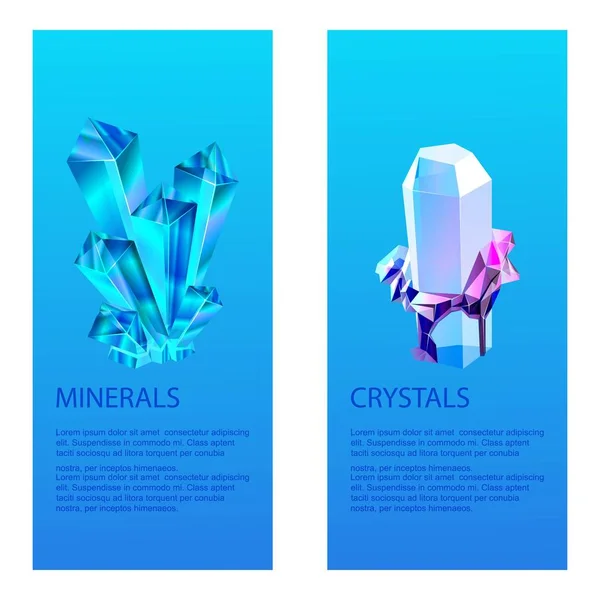 Minerale crystalic edelstenen vector illustratie. Transparante glazen kristallen geïsoleerd op blauwe achtergrond. Heldere diamant creatieve rotsen, aarde natuurlijke bronnen banners. — Stockvector