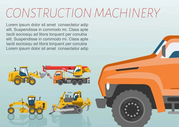 Equipamento de construção e cartaz do vetor de máquinas. Trator, caminhões guindaste e bulldozer conjunto de equipamentos de construção e construção com máquina de close-up . — Vetor de Stock