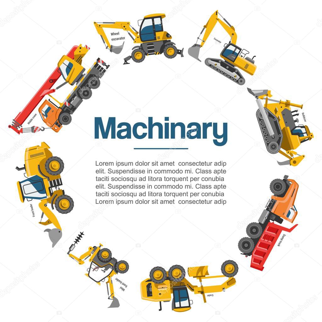 Machinery and construction equipment cars vector poster. Special machines for the building work. Forklifts, cranes, excavators, tractors with bulldozers and trailer and other machinery.
