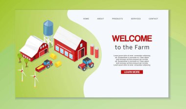 Kırsal binalar Tarım makineleri, Rüzgar fabrikaları ve Silo vektör Illustration ile çiftlik izometrik. Tarım Web sayfası. Çiftçi ev hoşgeldiniz.