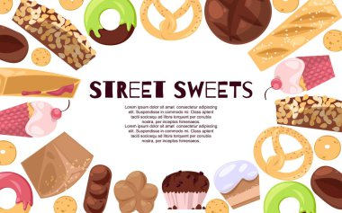 Sokak tatlılar Banner vektör Illustration. Dondurma, Donuts, cupcakes, tatlı, kek ve Fransız ekmeği gibi farklı mutfakların şekerler. Kurabiye ve sır ile buiscits.