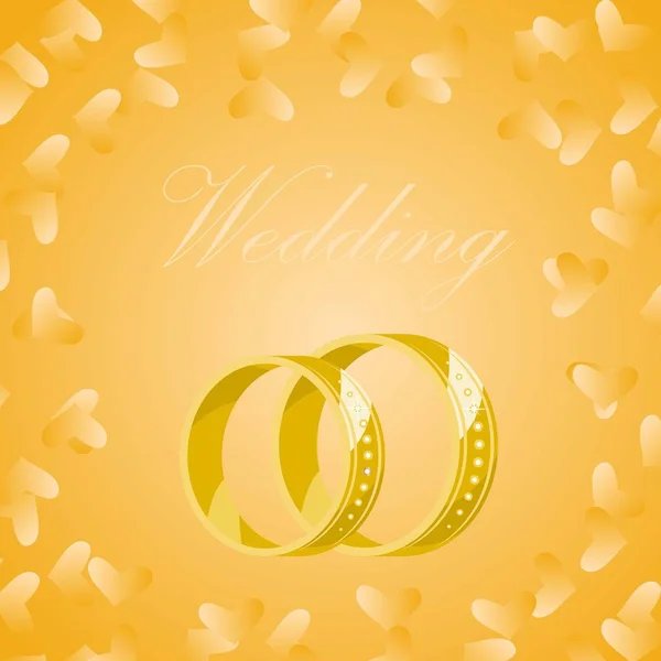 Vektor gyllene vigselringar på gul bakgrund med guld hjärtan. Ringar för bruden och brudgummen för bröllopet. Bakgrund för kortet, inbjudningskort, förlovnings kort. — Stock vektor