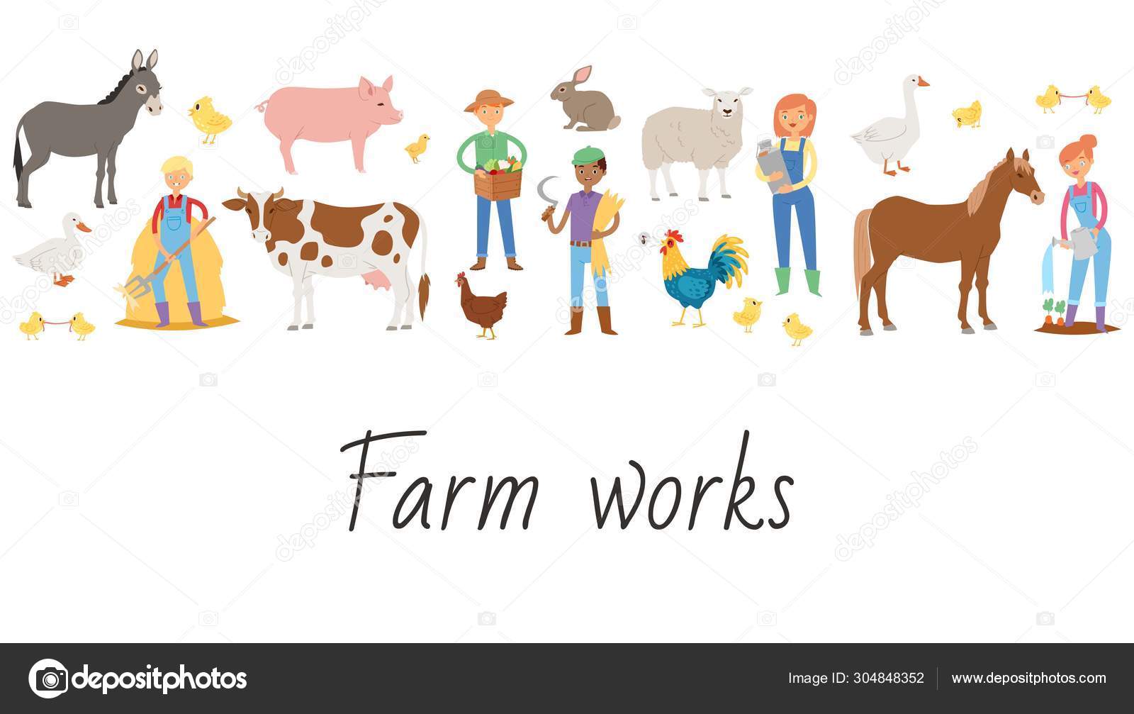 Agricultural work and life on the farm cartoon vector illustration. Farmers  plowing, planting, watering, milking farm animals. Agriculture farming.  Stock Vector Image by ©VectorShow #304848352