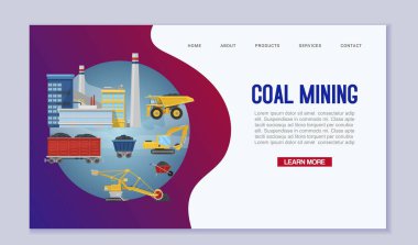 Kömür madenciliği web şablonu. Madenciler ulaşım ve teknik vektör illüstrasyon. Maden çıkarma endüstrisi. İş ekipmanları, ulaşım web sitesi açılış sayfası.