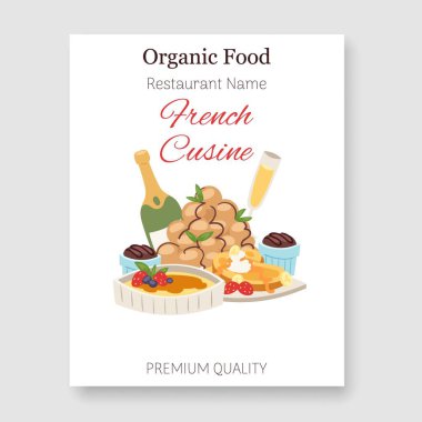 Fransız restoranı organik gıda ve mutfak vektör illüstrasyon posteri. Fransa'nın ulusal organik gıdası. Şampanya şarabı ile gurme fransız menü.