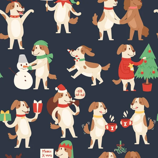 Noel köpek sorunsuz desen. Kırmızı Santa şapka ve kardan adam, noel ağacı sevimli karikatür köpek Vektör illüstrasyon. Doggie neşeli noel tekstil veya sarma. — Stok Vektör
