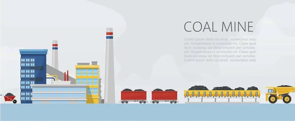 Illustration der Kohlebergwerk-Vektorgrafik. Bergbau und Bergbauausrüstung Flachbanner mit Carbon LKW Transport und Industrie. — Stockvektor