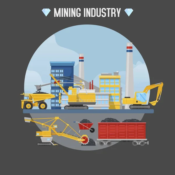 Ilustración del vector de la industria minera. Cargadoras de excavadoras, taladradoras hidráulicas de pilotes, tractores en obras de construcción de la industria minera . — Vector de stock