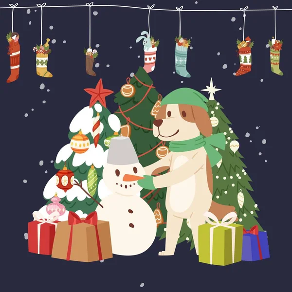 Inverno cartão de Natal vetor ilustração com boneco de neve desenhos animados e cão com árvore de natal, caixas de presente e guirlanda de meias e presentes . — Vetor de Stock