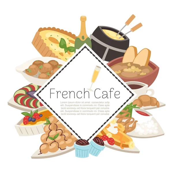 Francês cafe food menu vector illustration. Queijo francês, fondue, sopa de cebola, trufas, croissants com xícara de café e perneiras de rã. Café famoso de cardápio de França . — Vetor de Stock