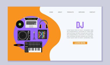 Dj müzik çalışma alanı düz tasarım vektör illüstrasyon. Dizüstü bilgisayar, mikser, elektro piyano ve kulaklık ve retro kayıt çalar ile müzik dj masa arka plan üst görünümü.