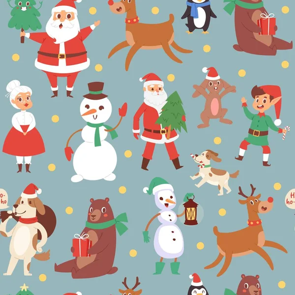 Рождественские персонажи бесшовная векторная иллюстрация шаблона. Рождественский олень, Санта Клаус, снеговик и эльф с пингвином. Детский фон для ткани, оберточной бумаги . — стоковый вектор