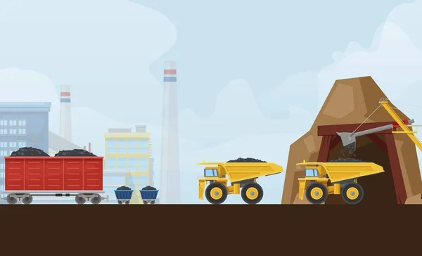 Ilustração do vetor da metalurgia da mina da indústria do carvão com caminhões do equipamento de transporte com carbono e fábrica. Cartaz da indústria de carvão mineral . —  Vetores de Stock