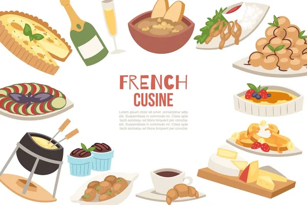 Ilustração vetor cozinha francesa. Queijo francês, sopa de cebola, trufas, croissants com xícara de café e pernas de rã. Restaurantes famosos da França menu . — Vetor de Stock