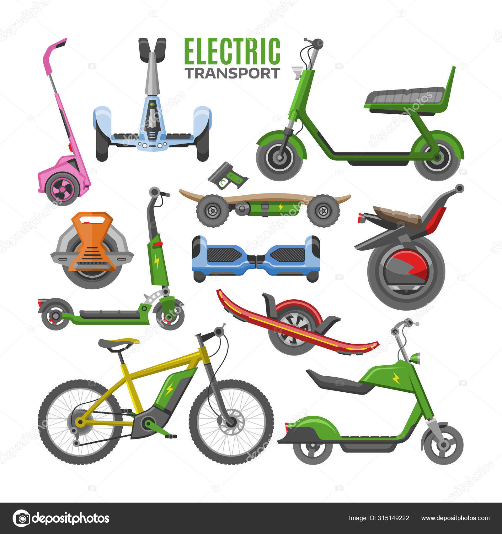 Vecteur de transport électrique hoverboard scooter electro-bike segway  gyroscooter illustration ensemble de monowheel électrique cycle eco  balanceboard isolé sur fond blanc Vecteur par ©VectorShow 315149222