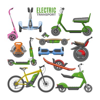 Elektrikli taşıma vektörü hoverboard scooter elektro-motor segway gyroscooter illüstrasyon set elektriksel monowheel eko denge beyaz arka planda izole