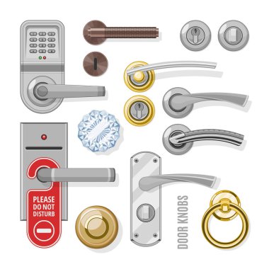 Kapı tokmağı vektör kapı kolu, evdeki kapıları kilitlemek için ve evin içindeki metal kapı kolu, beyaz arka planda izole edilmiş giriş kapısı düğmesi tasarımı.